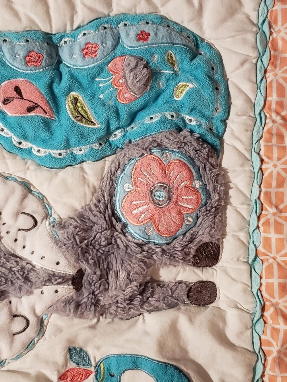 Levtex Quilted Baby Blanket with Fox, Peacock & Owl - White, Teal, Coral
